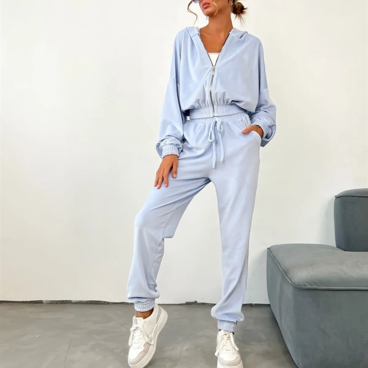 Hooded Zipper Hoodie and Trouser Tracksuit Set for Women