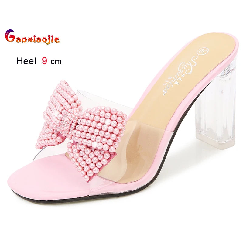 Pink Pearl Bow Design Clear Crystal High Heels for Women