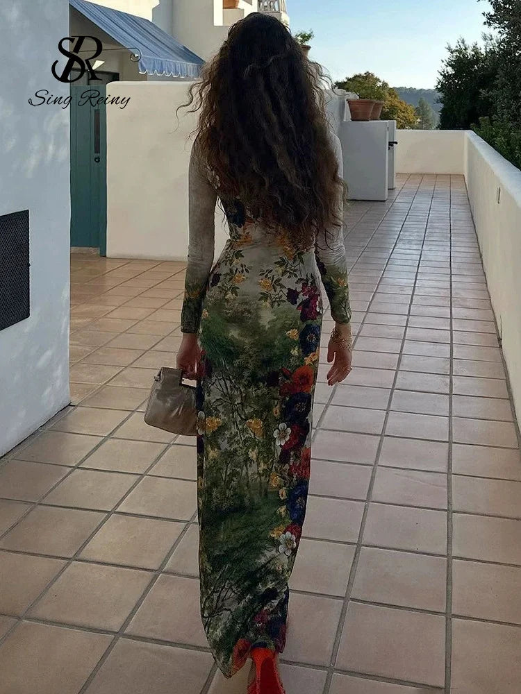 Vintage Floral Print Long Sleeve Maxi Dress for Women
