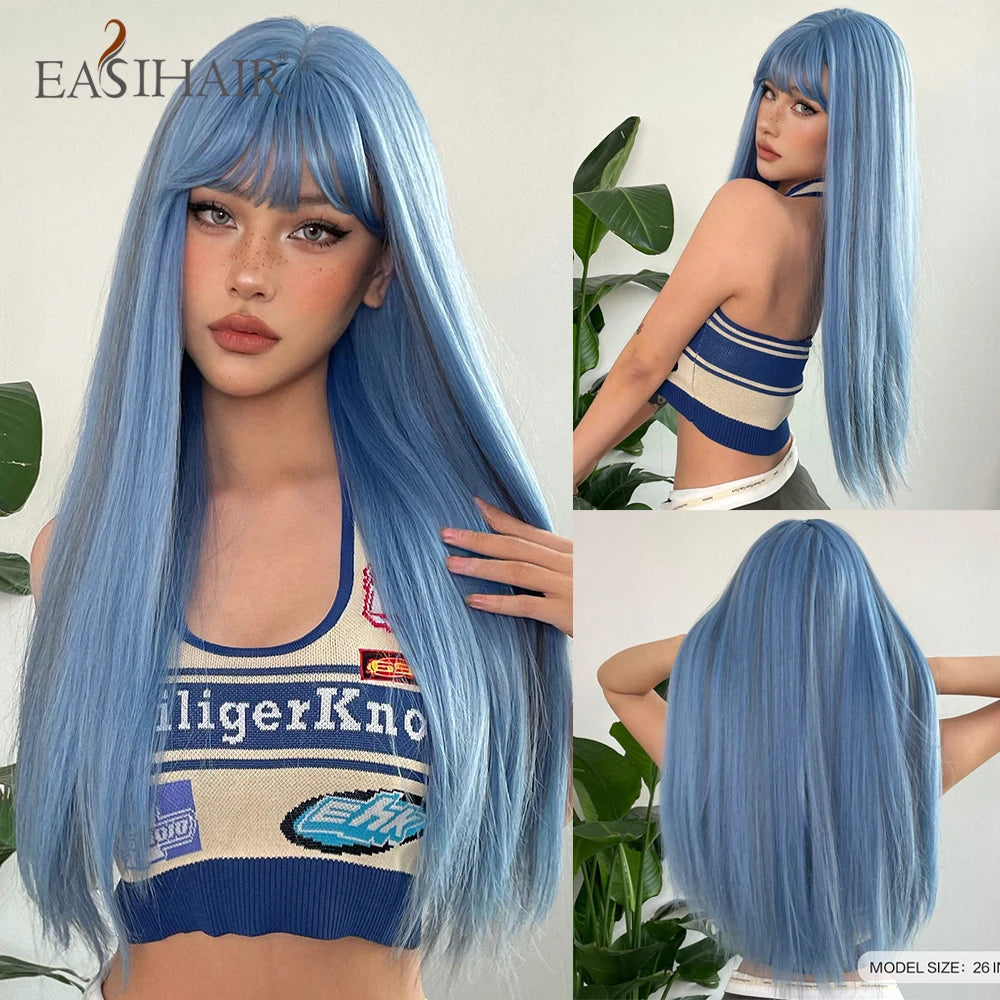 Long Straight Black Synthetic Wig With Bangs for Women