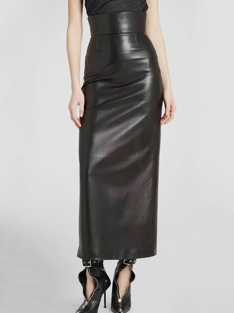 Vintage Faux Leather High Waist Midi Skirt for Women