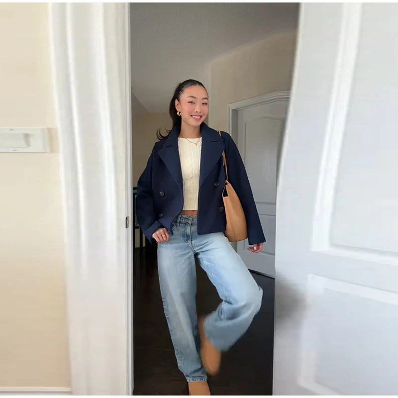 Double Breasted Cropped Jacket With Turn Down Collar for Women