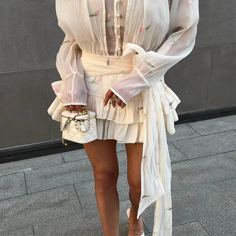 Elegant Print V-Neck Long Sleeve Pleated Patchwork Dress for Women