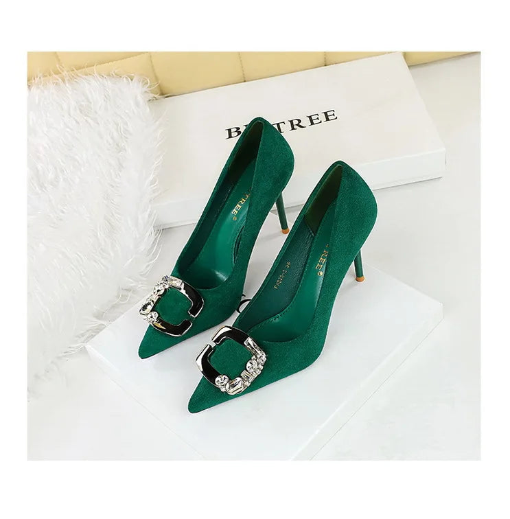 Elegant Rhinestone Buckle Suede High Heel Pumps for Women