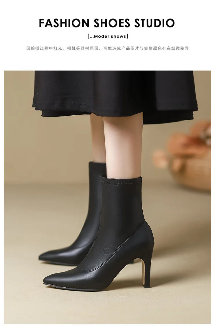 Pointed Leather High Heel Ankle Boots