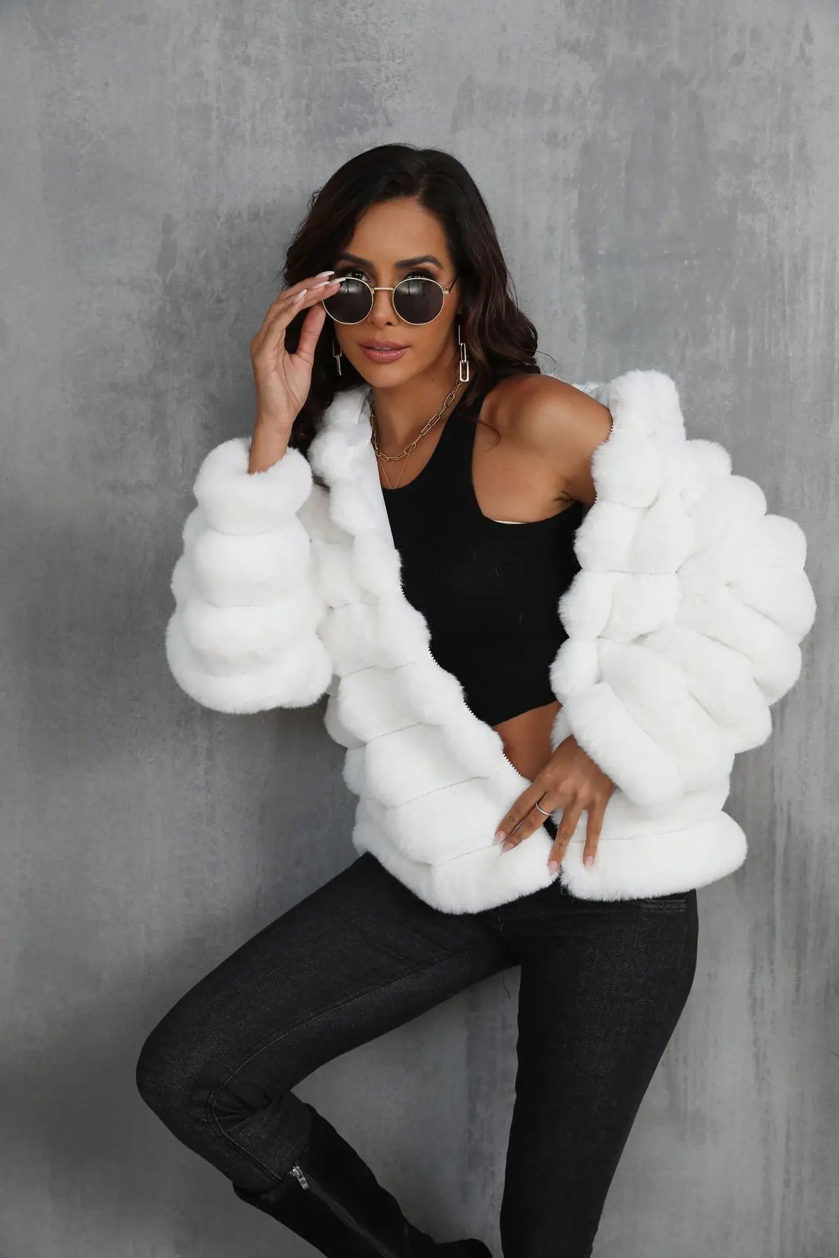 Warm Hooded Short Faux Fur Coat With Turn Down Collar for Women
