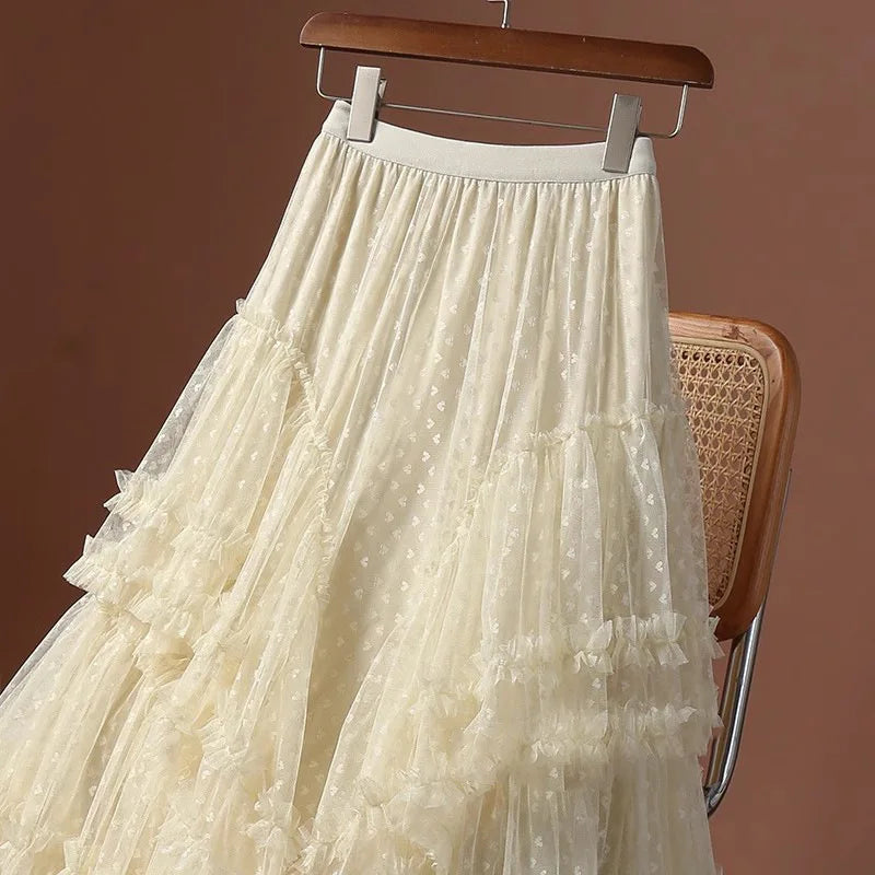 Romantic Vintage Jacquard Tulle Puff Skirt for Women