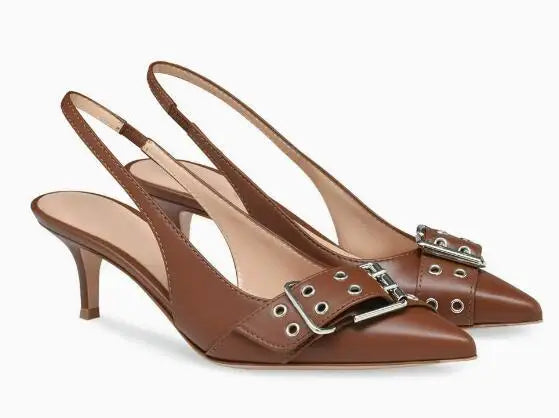 Matte Leather Big Buckle Kitten Heel Slingback Sandals for Women