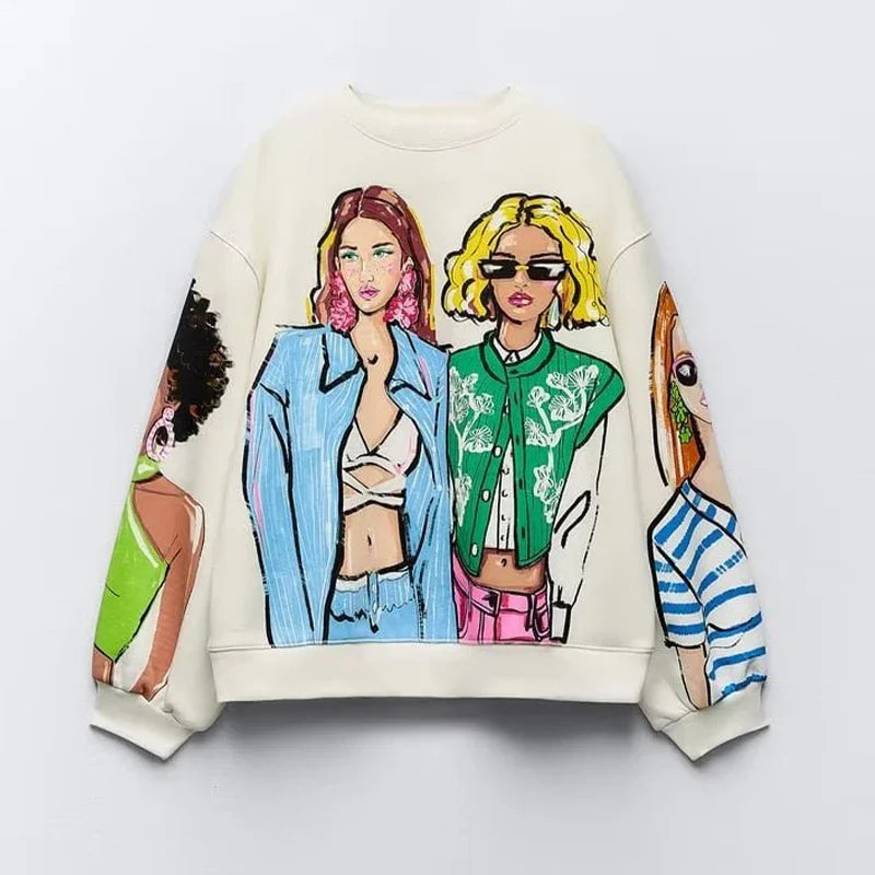 Loose Cartoon Graphic Long Sleeve Sweatshirt for Women