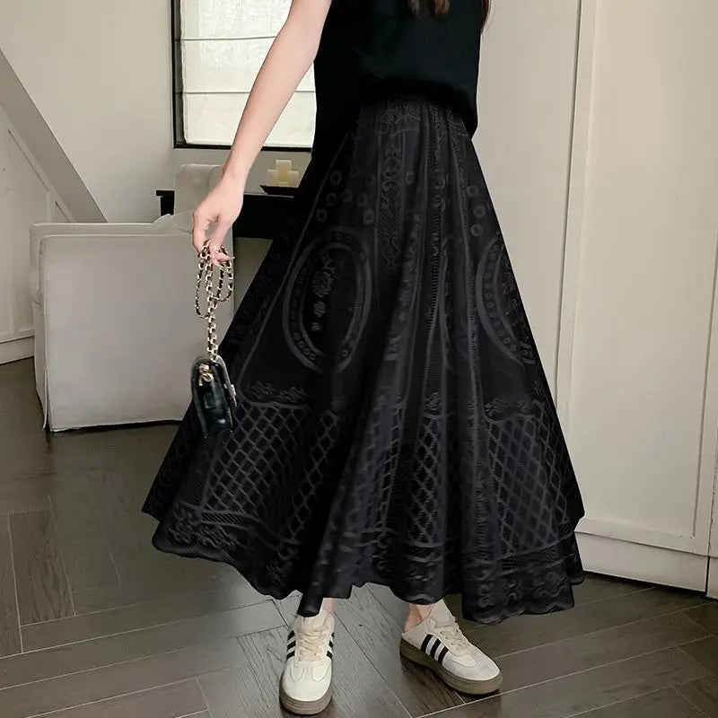 High Waisted Lace A Line Swing Midi Skirt for Women