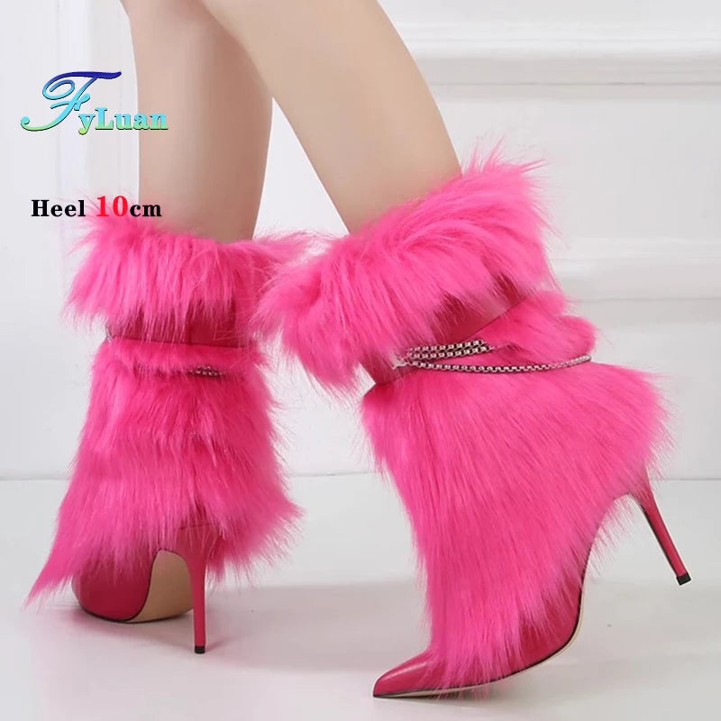 Fuchsia Faux Fur Buckle Ankle Boots