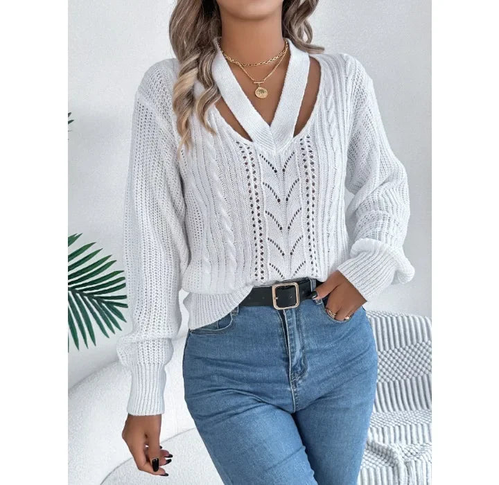 Casual Sweater Women Streetwear Hollow V-neck Elegant Lantern Sleeve Head Tops 2024 Autumn/Winter New Long Sleeved T-shirt Y2k