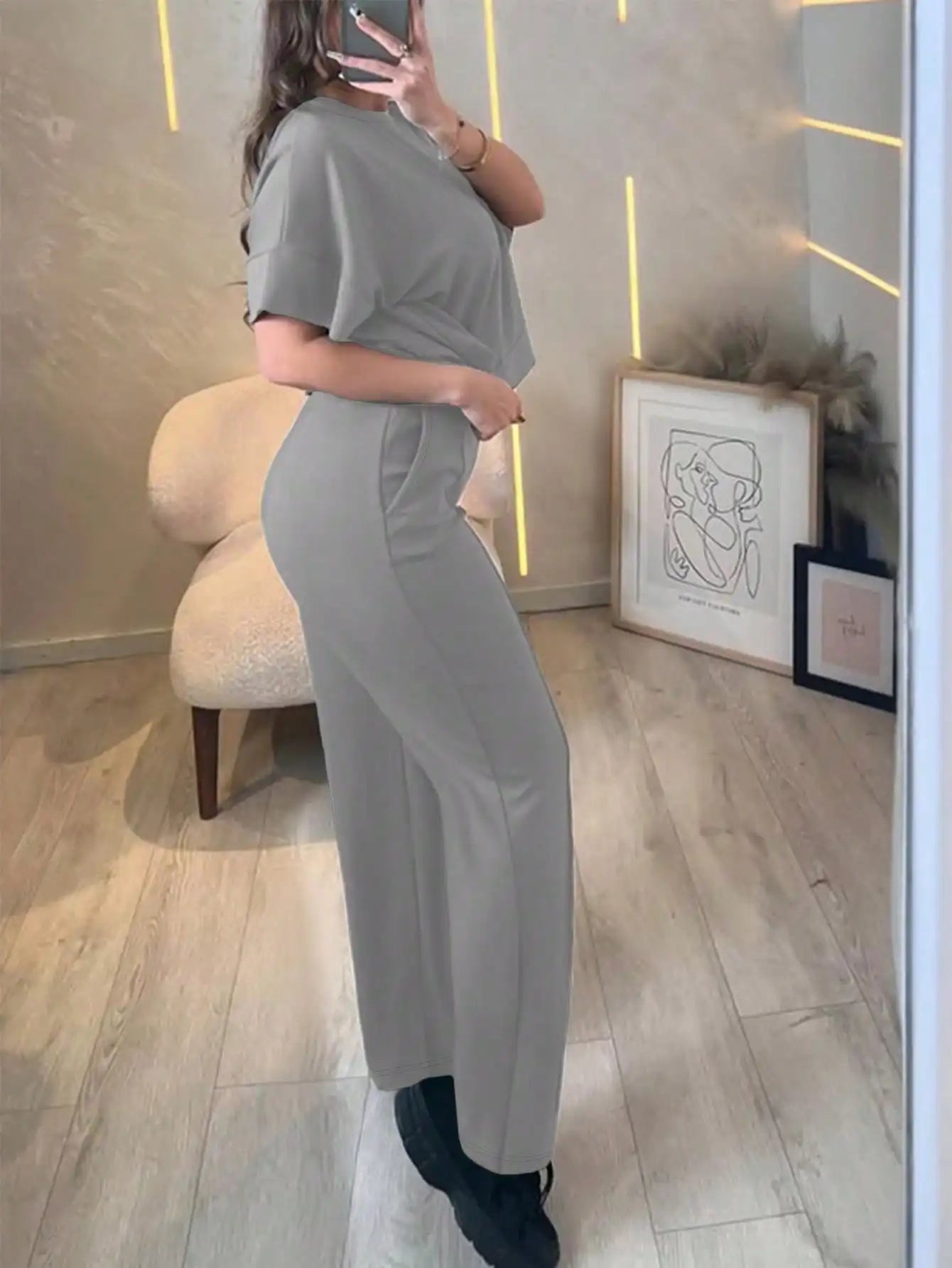 New Spring and Summer Ladies' Set: Comfortable Solid-Color Short-Sleeve Top with Elastic Waist Pocketed Long Pants Two-Piece Set, Soft Stretch Polyester-Acrylic Fabric