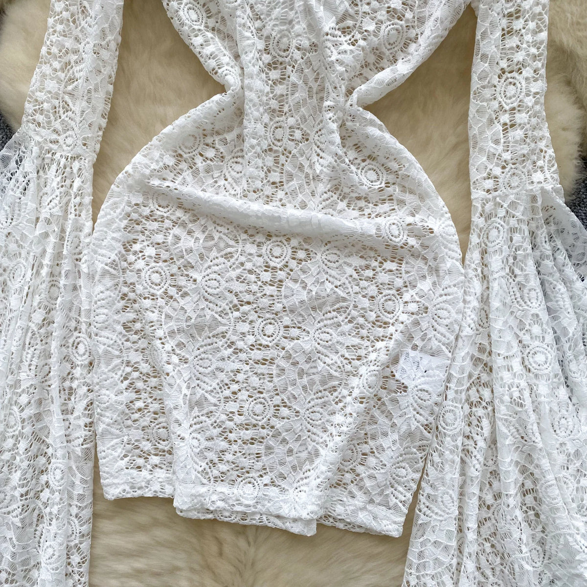 Sheer Lace V Neck Mini Dress With Flared Sleeves for Women