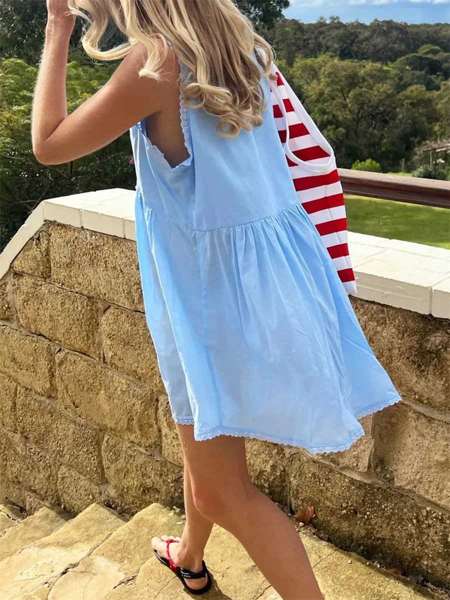 Women Summer Mini Tank Dress Sleeveless Deep V Neck Trendy Floral Eyelet Beach Dress