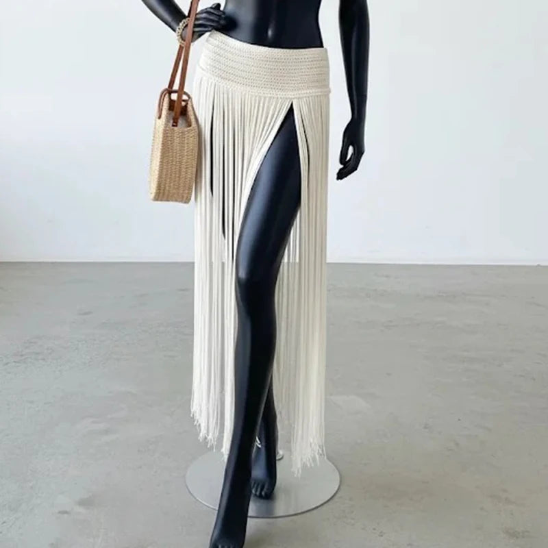 Boho Crochet Tassel Hollow Out Maxi Skirt for Women