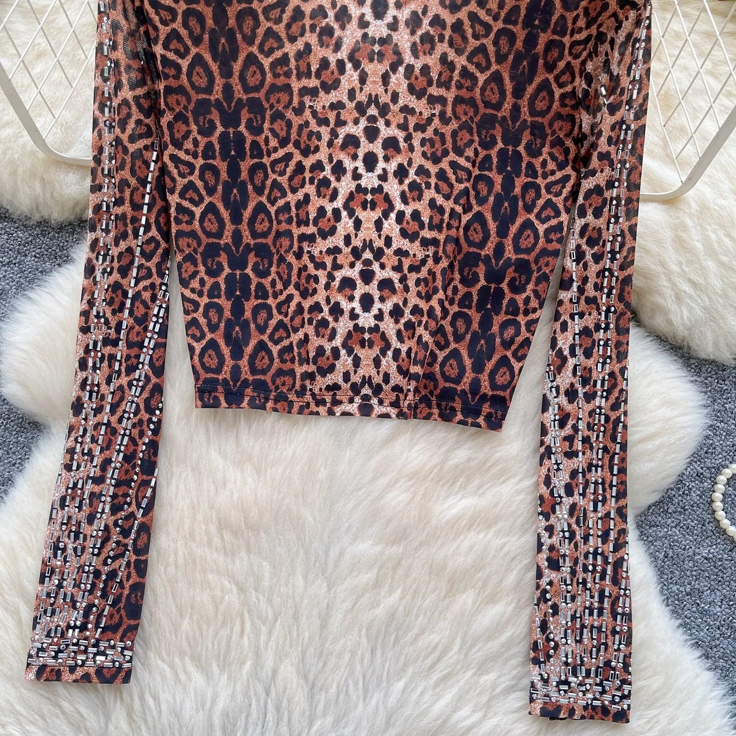 Leopard Print Rhinestone Mesh Long Sleeve Crop Top for Women