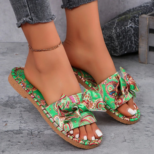Plus-size summer fashion casual new slippers for women 2025 flat flat slippers with bow