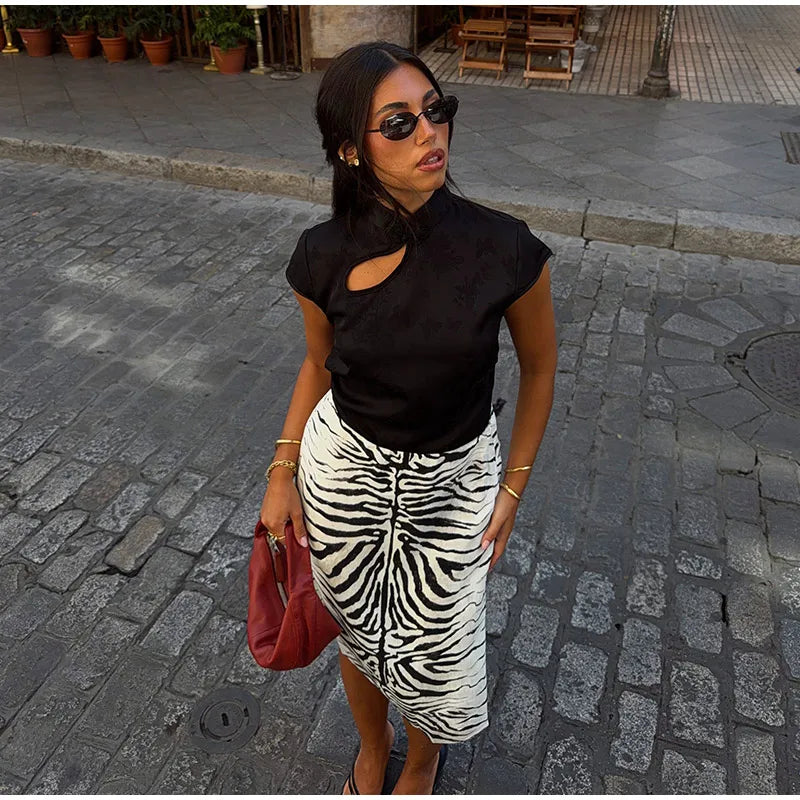 High Waist Leopard Print Zipper Midi Skirt for Women