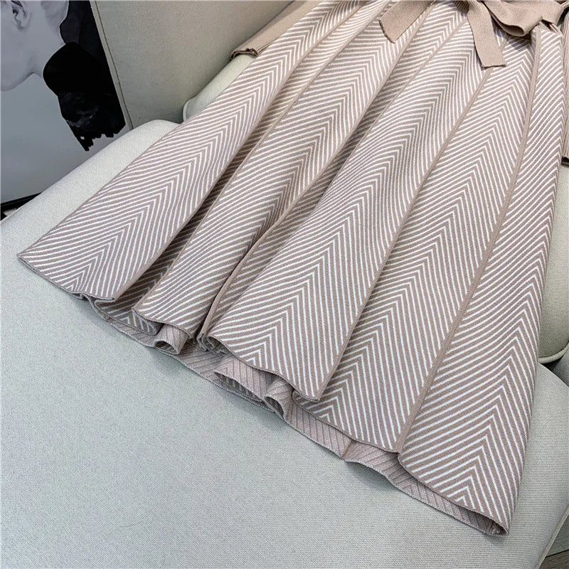 Knit Midi Dress Belted Stripe Pattern With Slim Fit And Flattering Cut Elegant Modern Minimalist Style