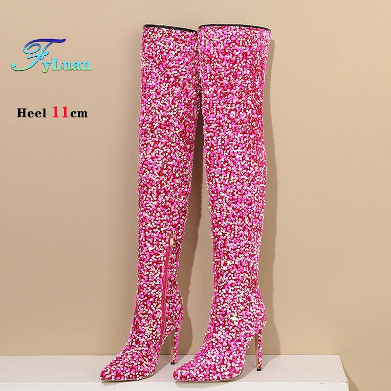 Sequin Pointed Toe Over The Knee Stiletto Boots For Women With Rear Zipper