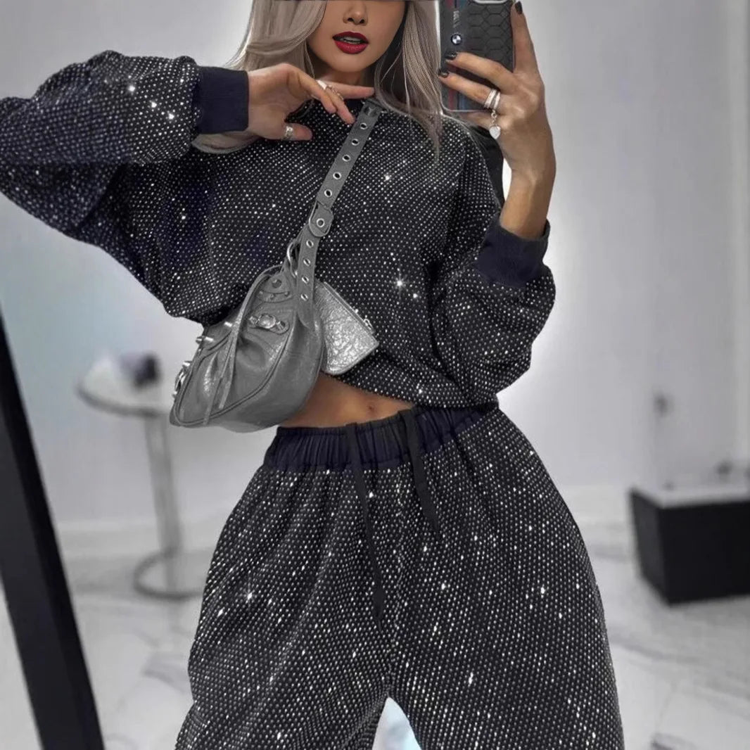 Elegant Sequin Lace Up Two Piece Pants Set for Women