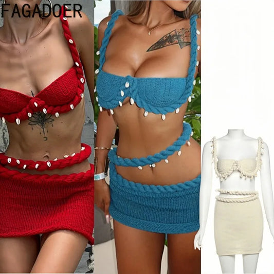 FAGADOER Sexy Knit 2 Piece Sets Woman Outfit Strap Low Neck Camis+Slash Waist Mini Skirts Suits Female Hipster Beach Clothing