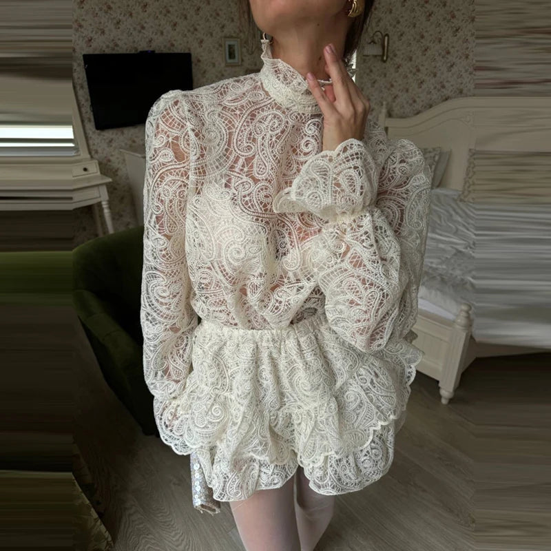 Embroidered Stand Collar Shirt And Skirt Set for Women