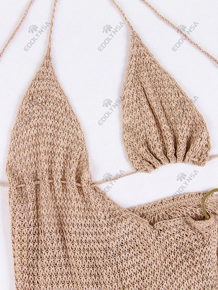 Sexy Slim Low-cut Tie Knit Halter Cut Out Circle Decoration High Slit Beach Maxi Dress 2025 Women Summer Swimsuit Cover Up K88