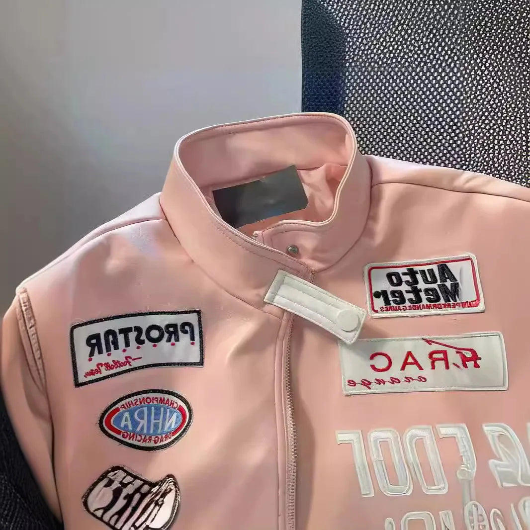 Retro Embroidered Faux Leather Baseball Jacket for Women