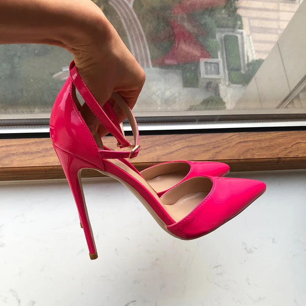 Rose Pink Patent Pointed Toe Ankle Strap Pumps for Women