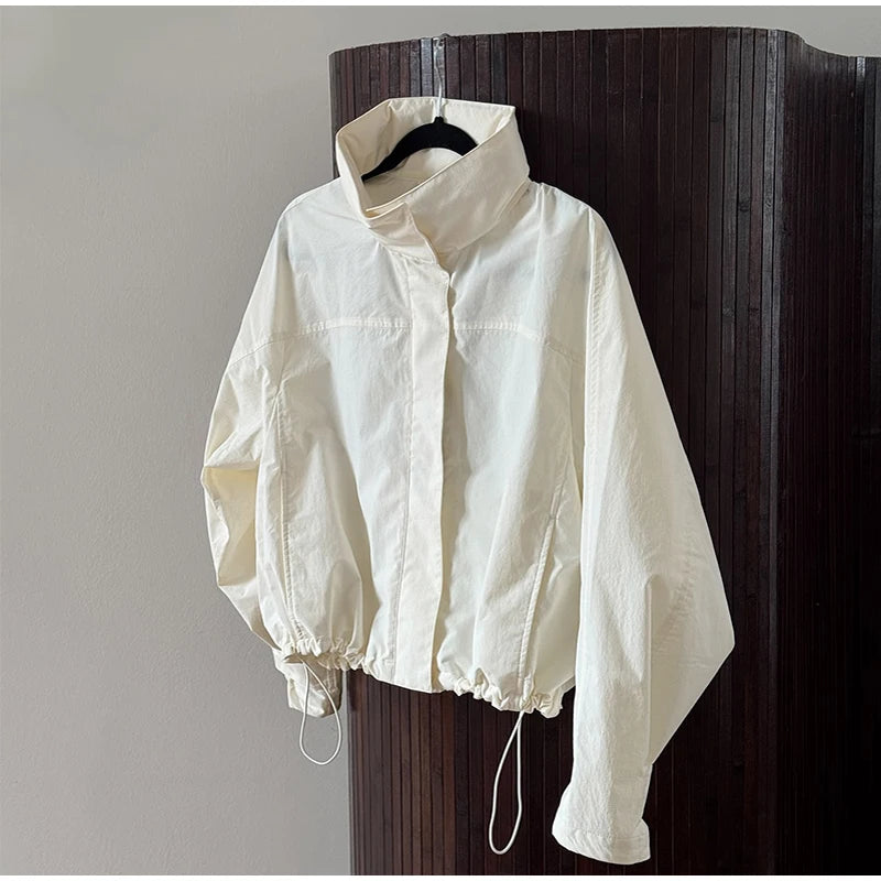 Lightweight Stand Collar Zippered Bomber Jacket For Women