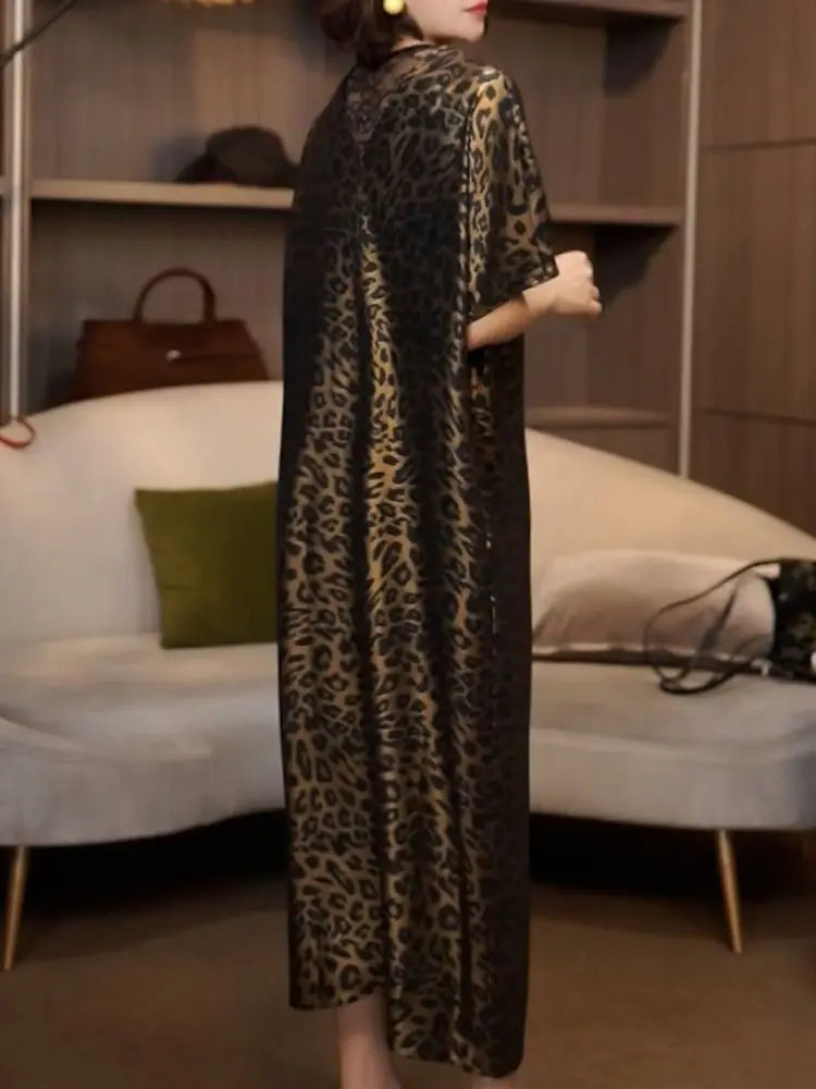Lightweight Leopard Print V Neck Midi Dress For Women