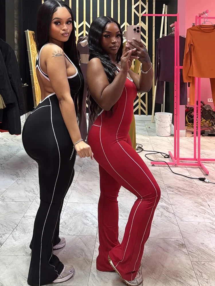 Cutenew Panelled Stripe Women Jumpsuits Casual Summer Sporty O-neck Sleeveless Backless Skinny Overalls Female Active One Piece