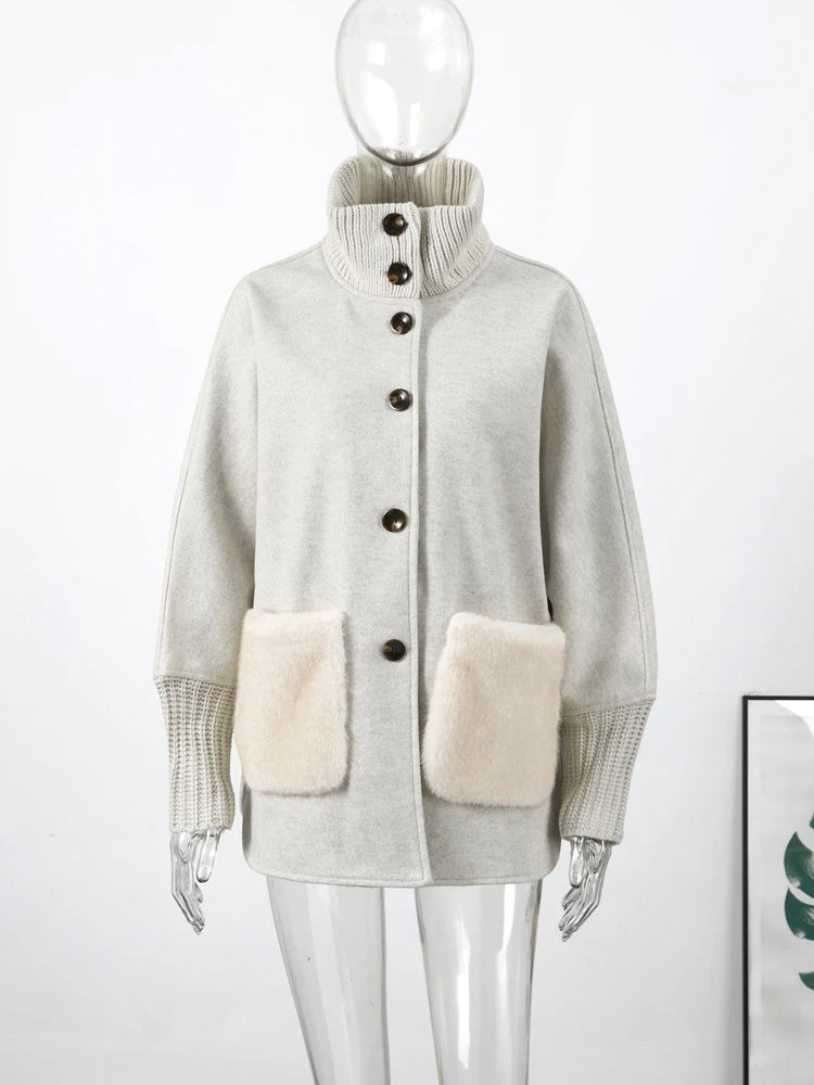 Loose Knit Fur Standup Collar Long Sleeve Pocket Cardigan for Women