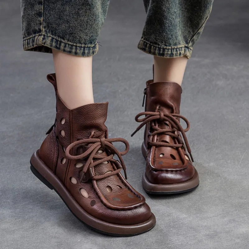 Breathable Hollow-Out Genuine Leather Ankle Boots for Women