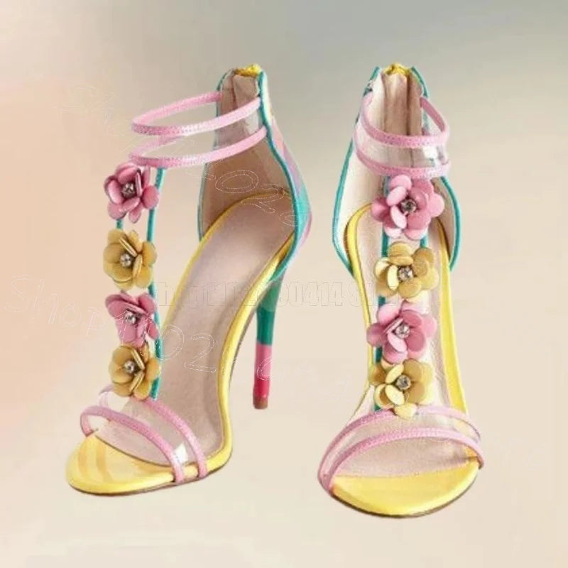 Colorful Appliques Stripe Print Back Zipper Pvc Sandals for Women