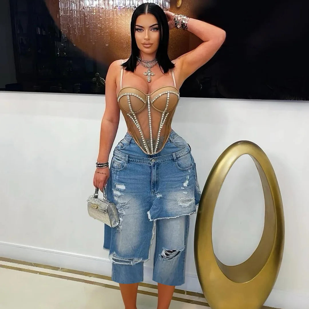 Ripped Ruffle High Waisted Denim Cargo Shorts for Women