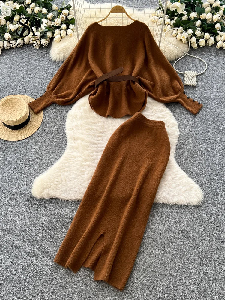 Batwing Sleeve Knit Top and High Waist Skirt Set for Women