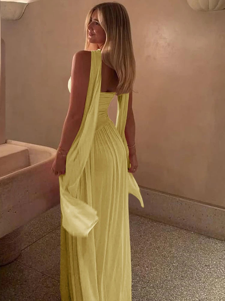 Mesh Shirred Strapless Maxi Dress