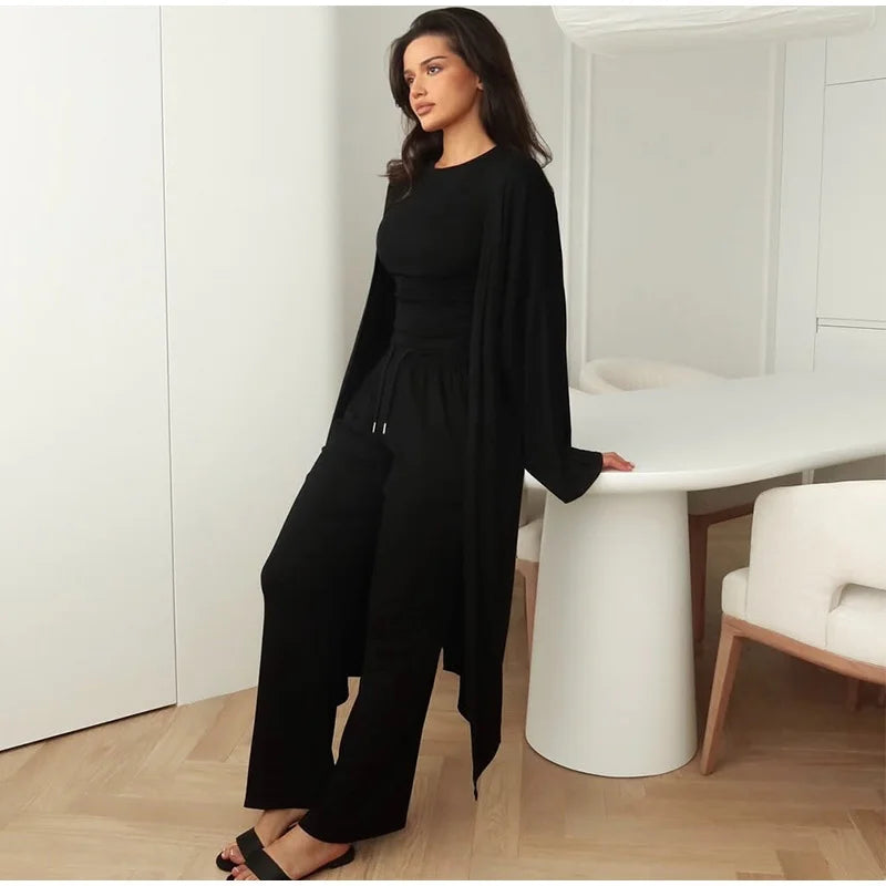 Casual Three Piece Shirt, Coat And Wide Leg Pants Set for Women