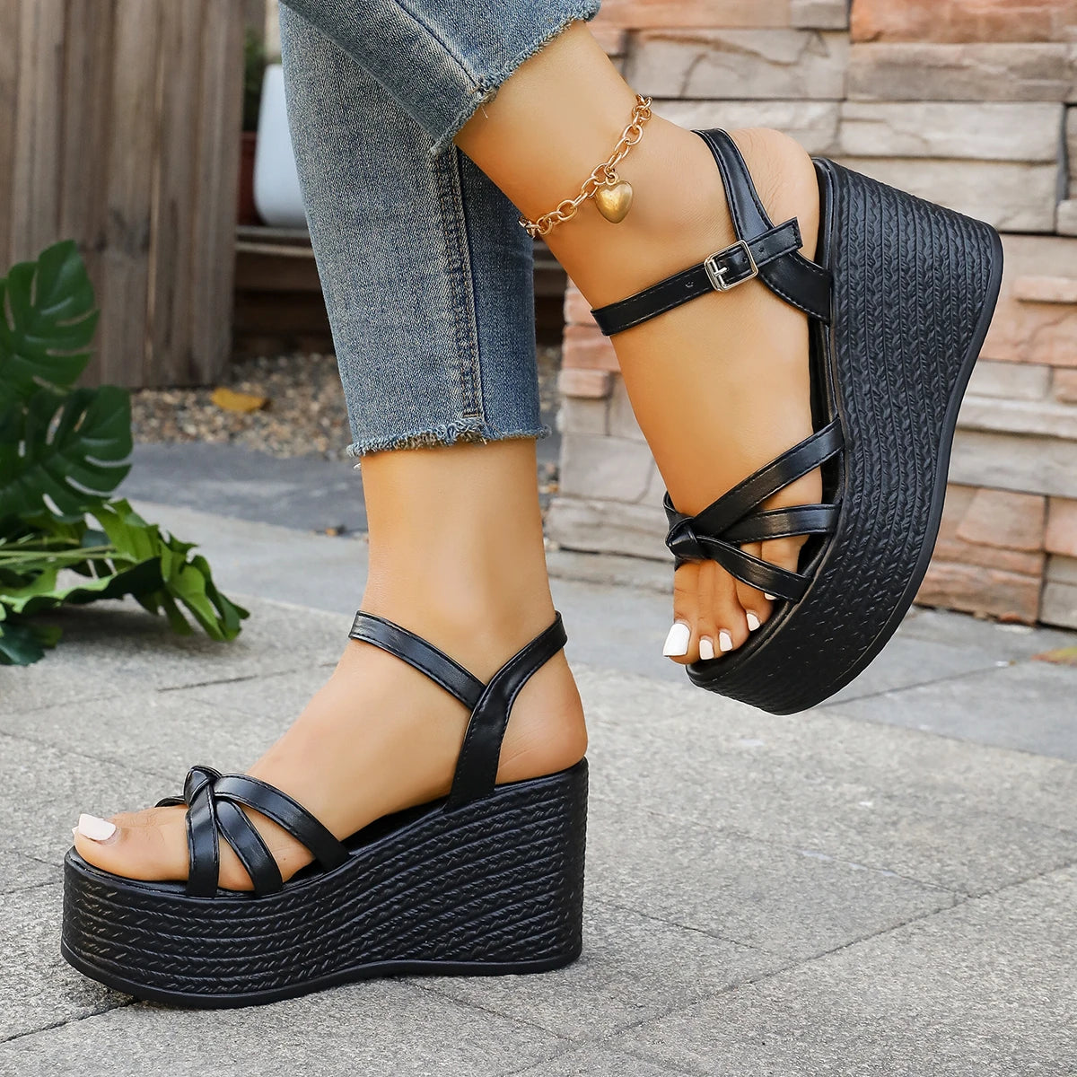 White Ankle Strap Chunky Platform Sandals for Women