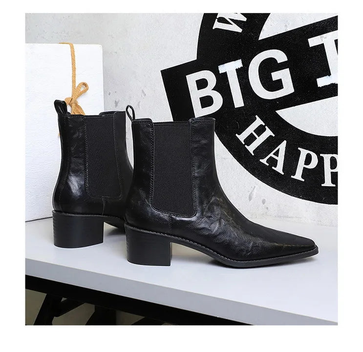Black Pointed Toe Block Heel Ankle Boots