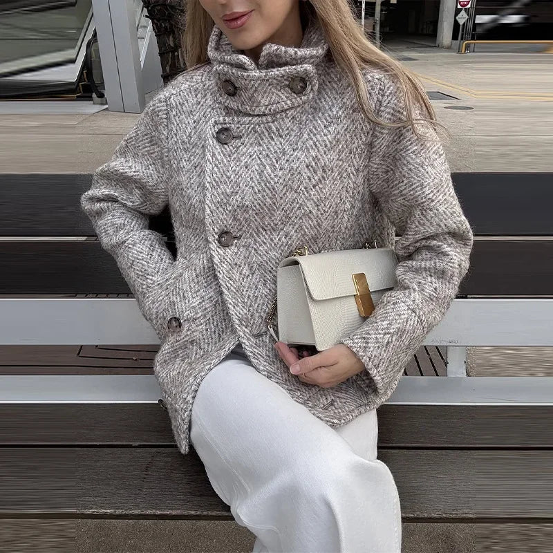 Elegant Print Stand Collar Tailored Long Coat for Women