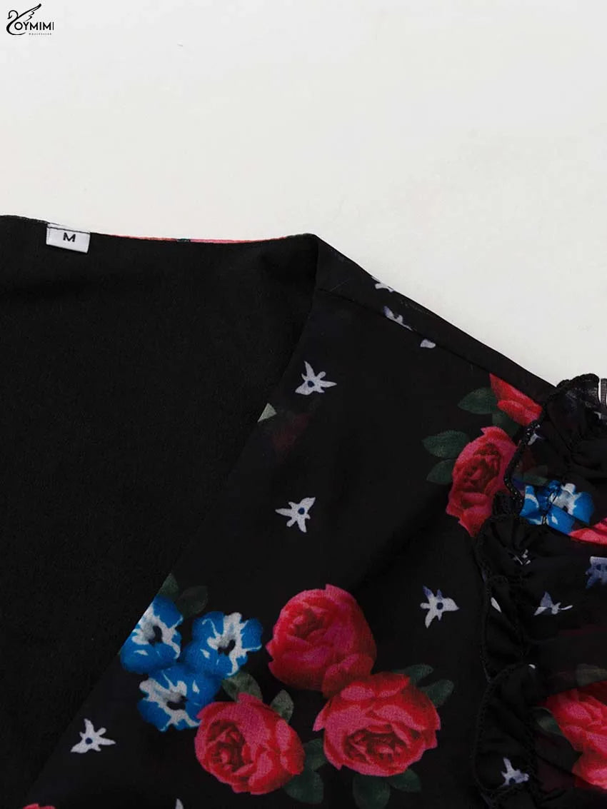 Oymimi Elegant Black Print Two Piece Set For Women Fashion Ruffled Long Sleeve Crop Shirts And Side Slit Floor-Length Skirts Set