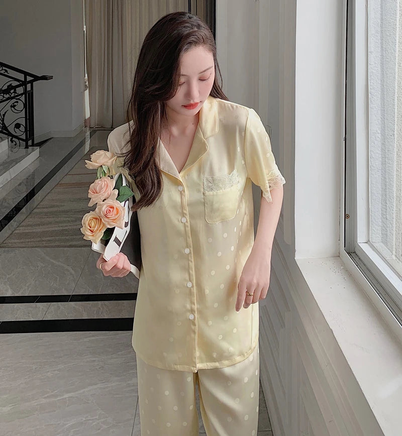 Y2k Pink Sweet Dot Lace Jacquard Women Pajamas French Romantic Lazy Lady Nightgown 2024 New Summer Korean Harajuku Home 2pc Set