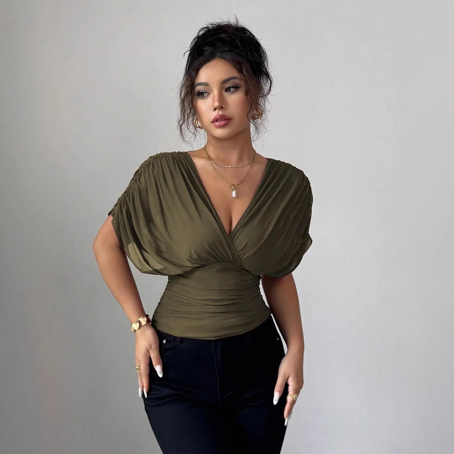 Elegant Deep V Neck Flutter Sleeve Waist Cinching Top for Women