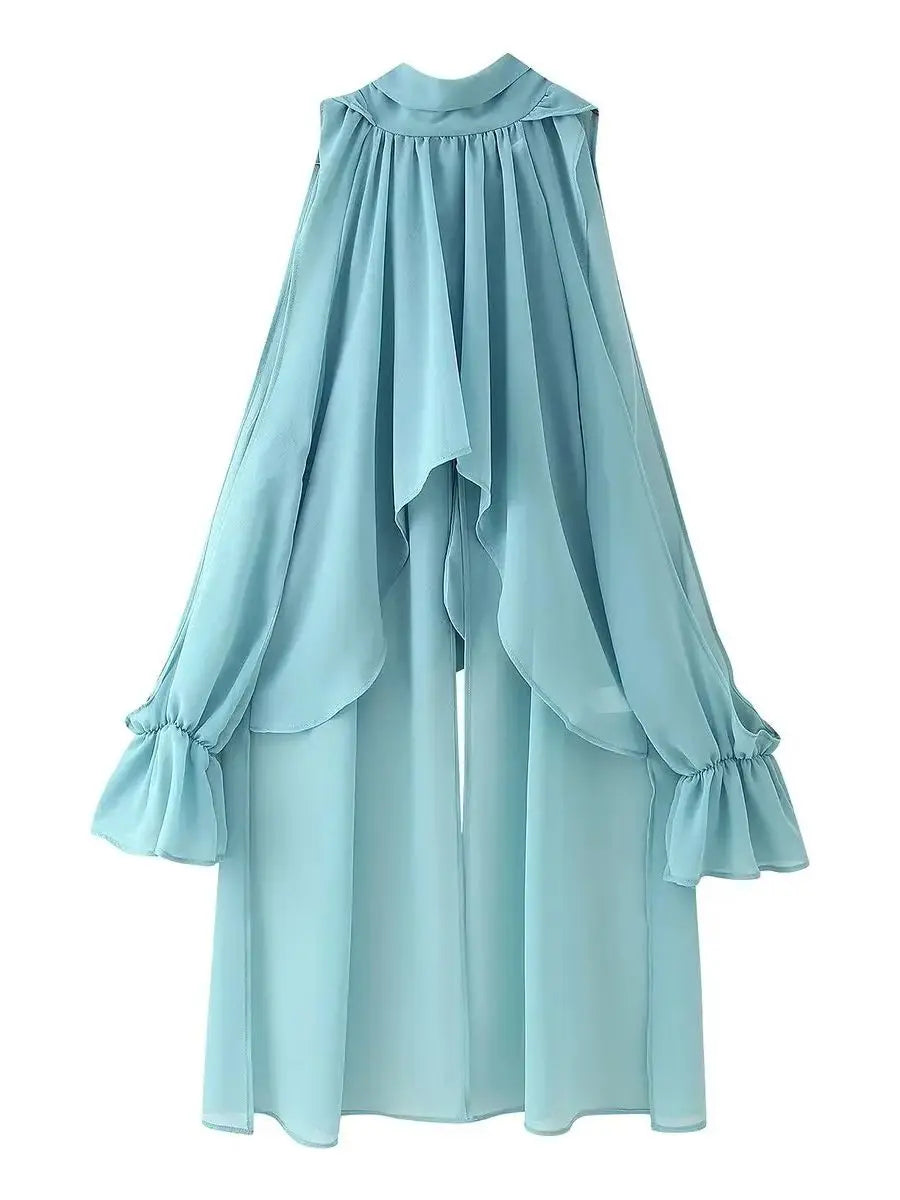Vintage Chiffon Tiered Ruffle Sleeve Blouse with High Neck for Women