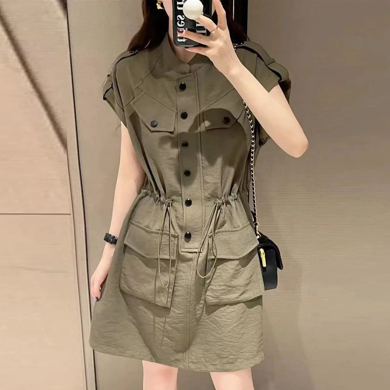 European Retro Stand Collar Drawstring Midi Dress for Women