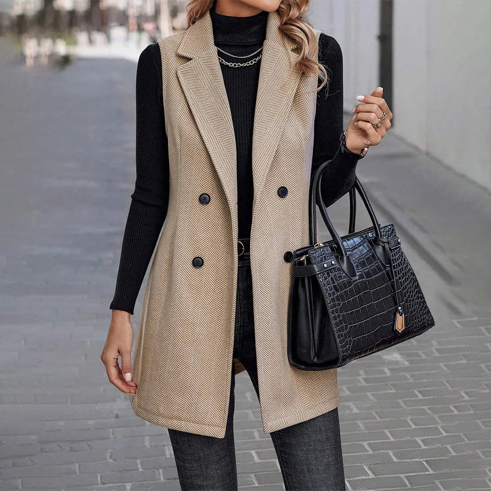 Women's Elegant Turn Down Collor Sleeveless Buttons Vest Blazer Coats Mid-Jackets Winter Ladies Office Work Outwear Outcoat S-XL
